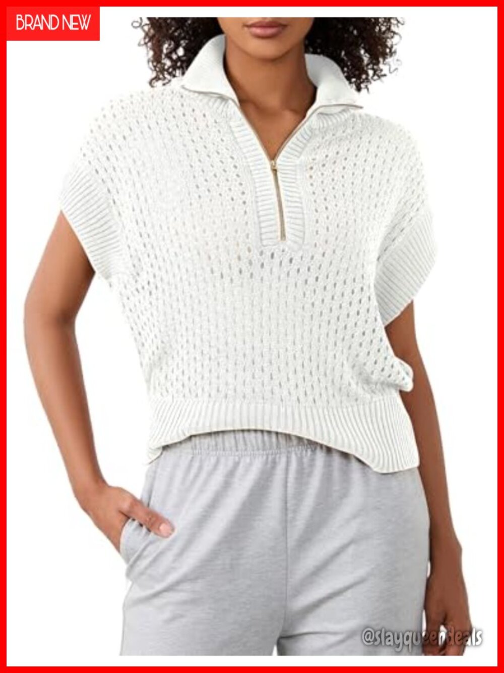 Womens Cap Sleeve Crochet Sweater Quarter Zip Loose Fit Lightweight Beach